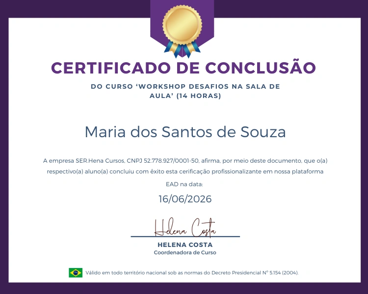 Certificado de Conclusão do Workshop Desafios na Sala de Aula