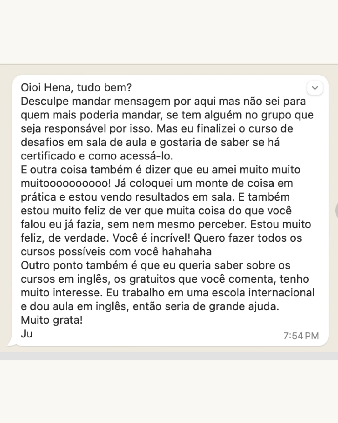 Depoimento de aluna do Workshop no WhatsApp
