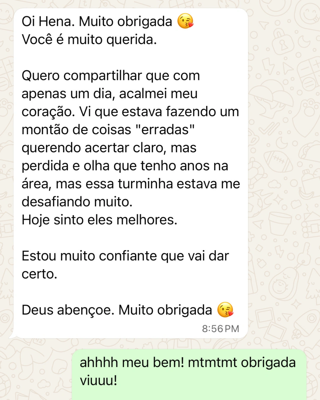 Depoimento de aluna do Workshop no WhatsApp