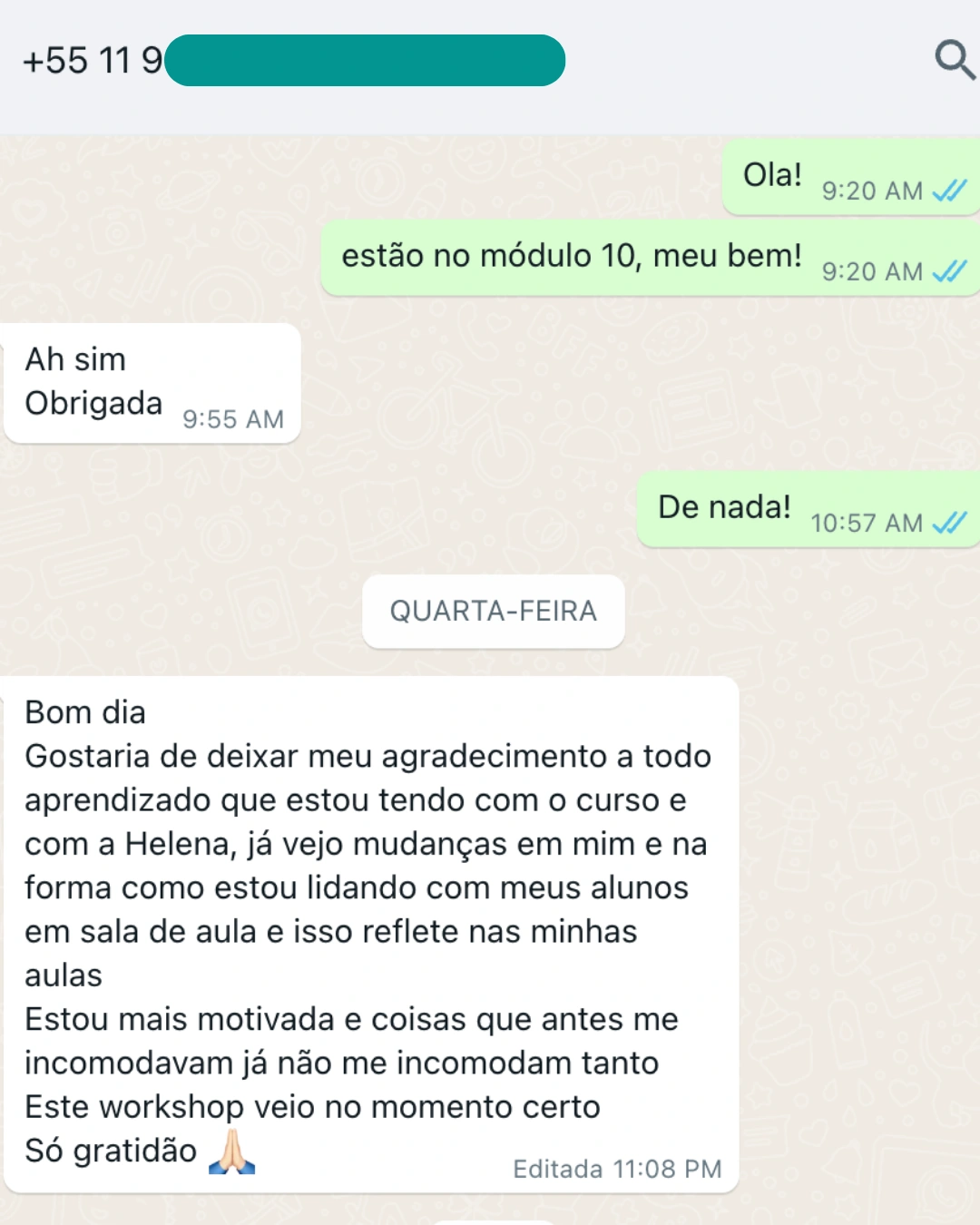 Depoimento de aluna do Workshop no WhatsApp