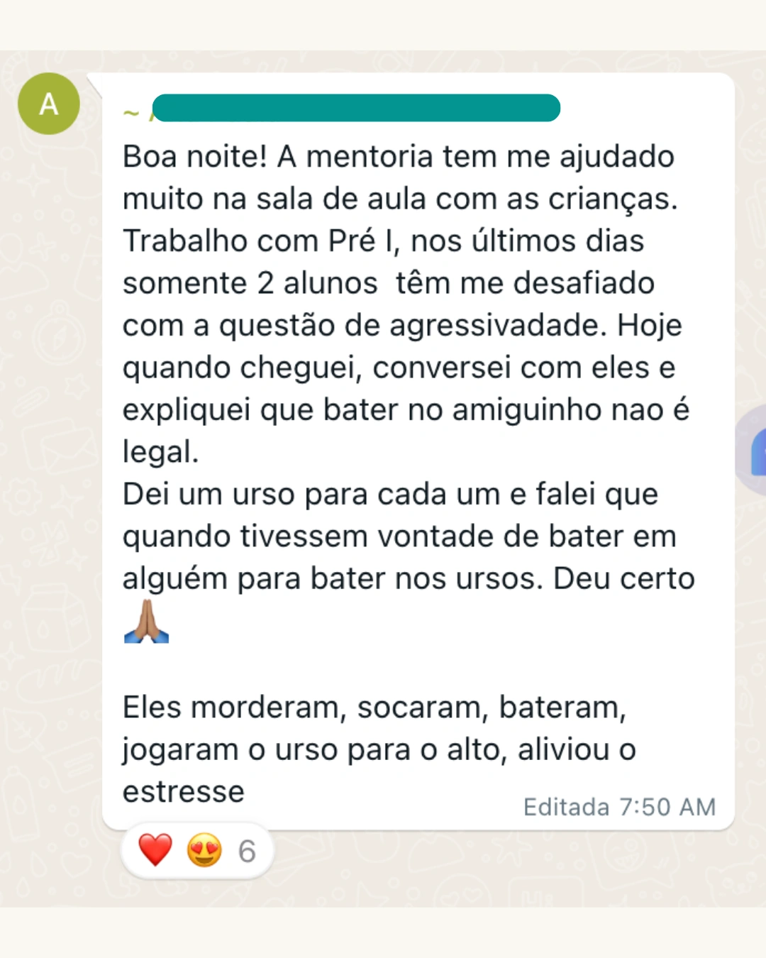 Depoimento de aluna do Workshop no WhatsApp