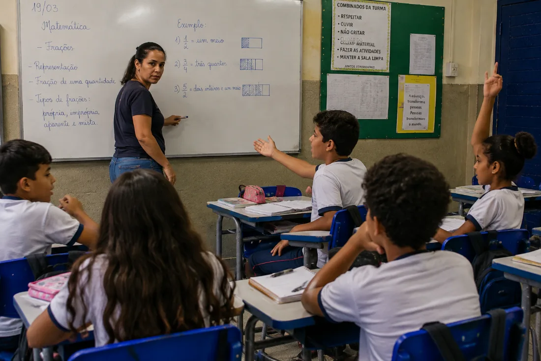 Professora interrompe a explicação na lousa para atender um aluno com a mão levantada