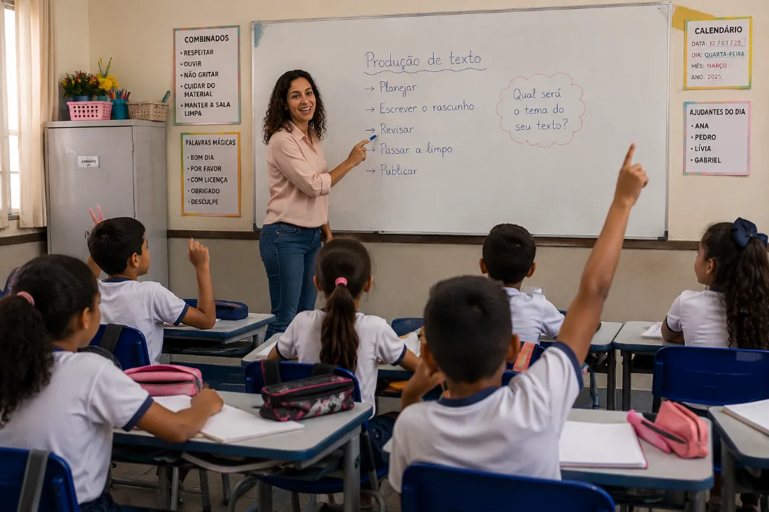 Professora sorridente dando aula para uma turma engajada, com alunos participando animados